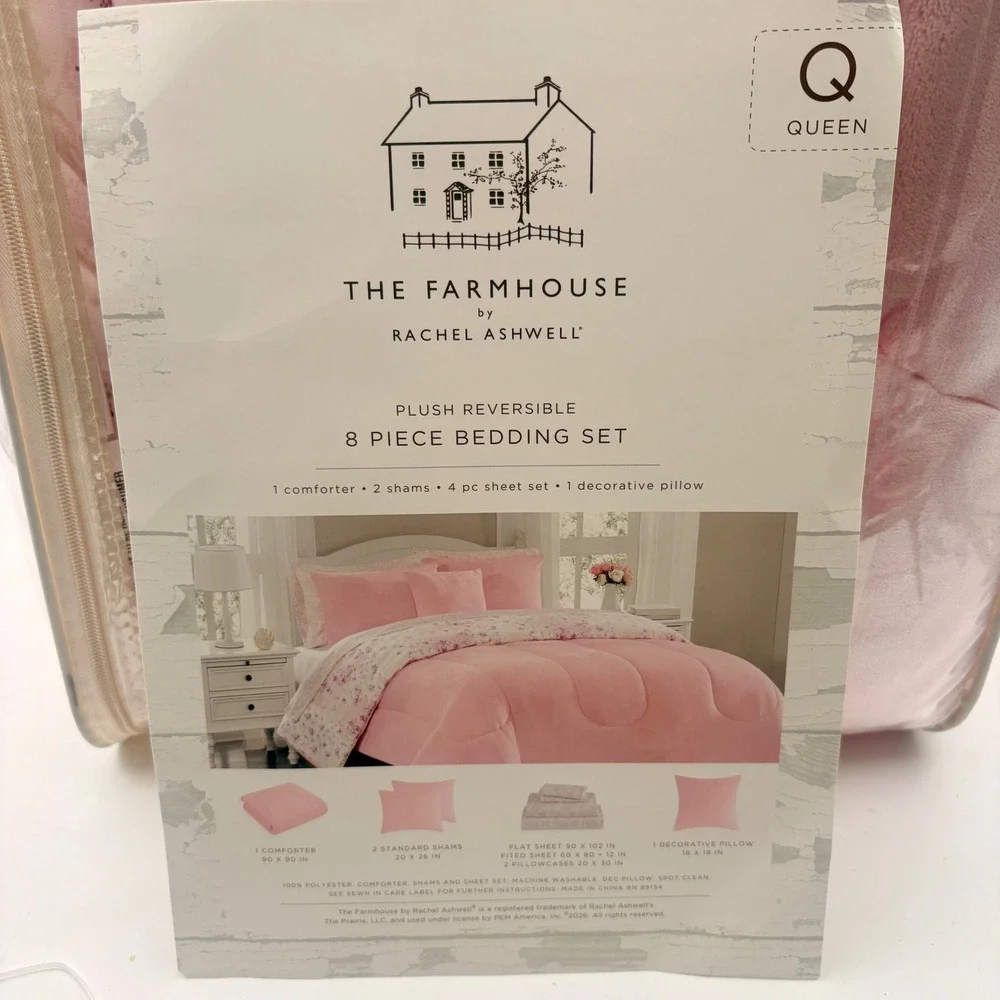 The Farmhouse by Rachel Ashwell Queen 8 Piece Bedding Set Pink Floral Reversible